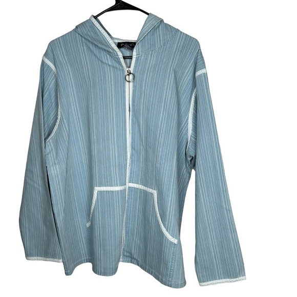 Denim & Co. Women’s Hooded Zip Front Denim Jacket 1X Stripe Lt. Blue - Picture 1 of 4